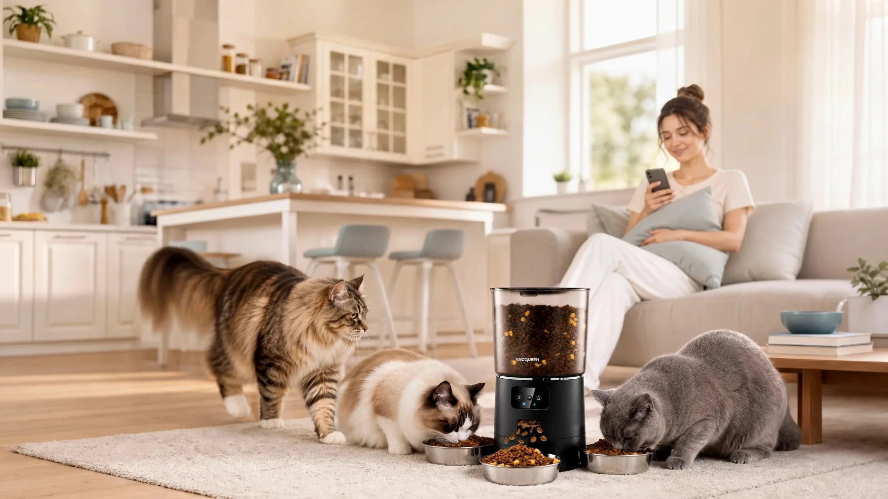 Automatic cat feeder with dual power supply and battery backup for reliable scheduled feeding