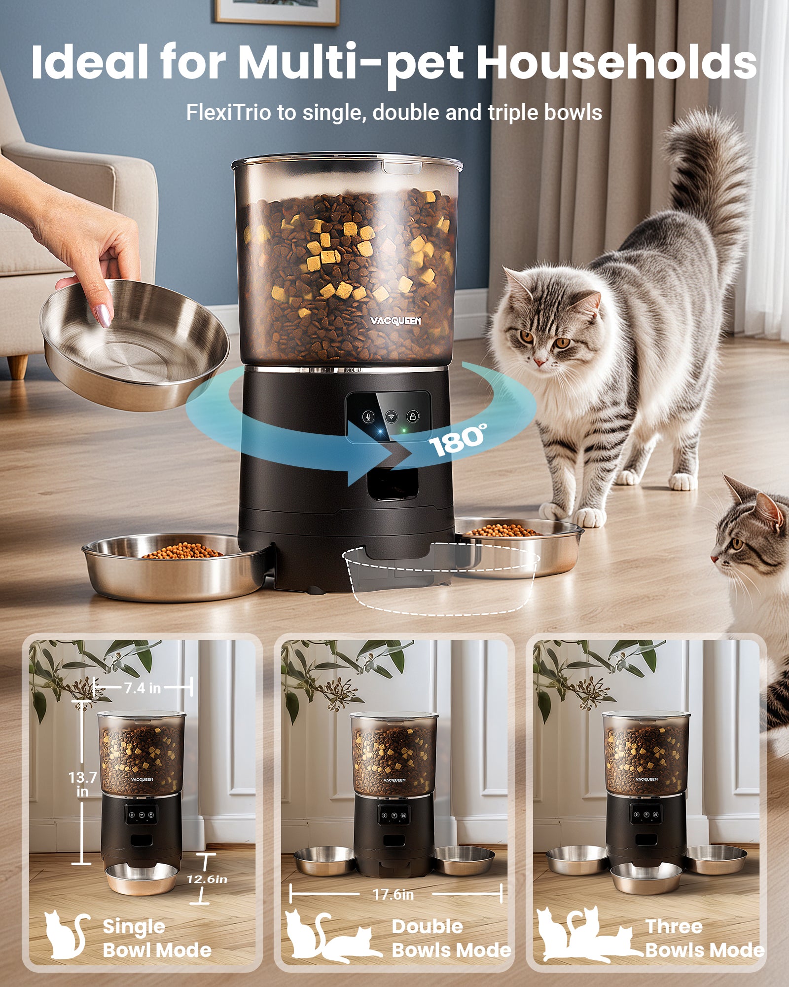 Automatic Cat Feeder for 3 Cats – 6L Wi-Fi, Jam-Proof & Voice