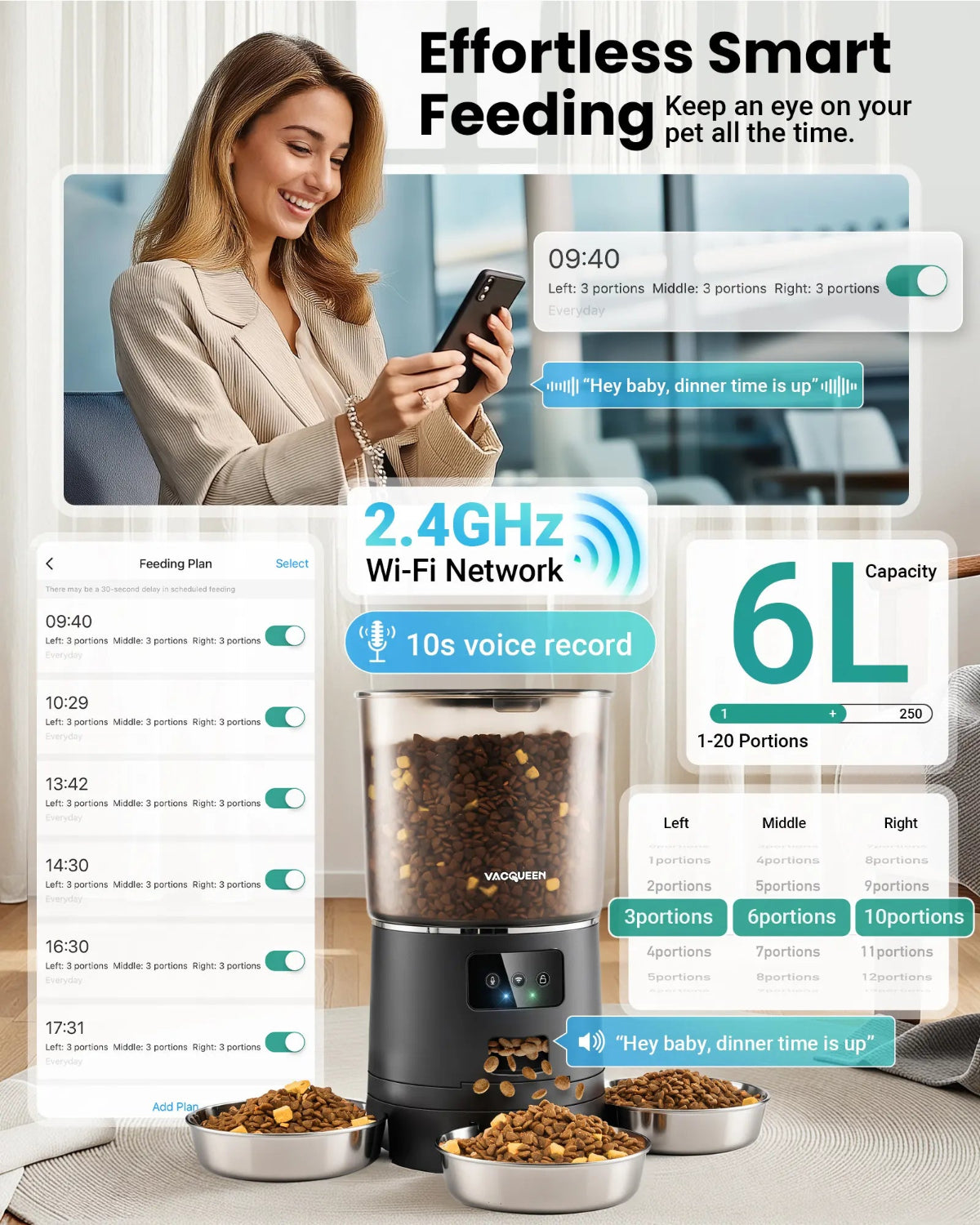 Automatic Cat Feeder for 3 Cats – 6L Wi-Fi Smart Feeder | Vacqueen
