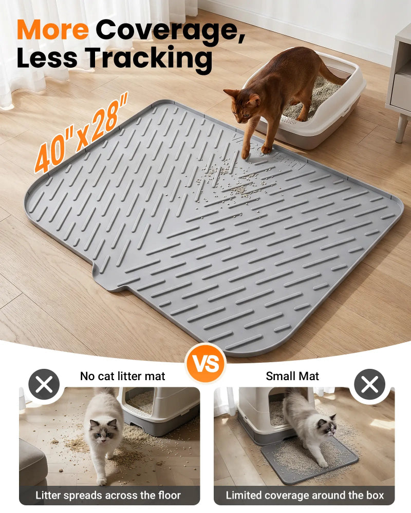 Vacqueen 40 by 28 inch cat litter mat in front of a standard litter box