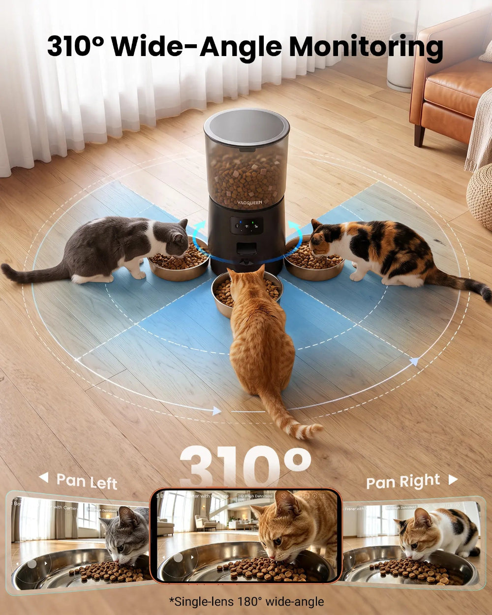 Three cats using Vacqueen feeder with wide-area camera monitoring.