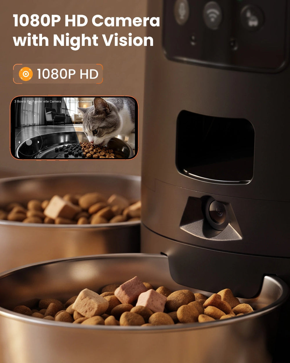 1080P night vision camera on Vacqueen three-bowl cat feeder
