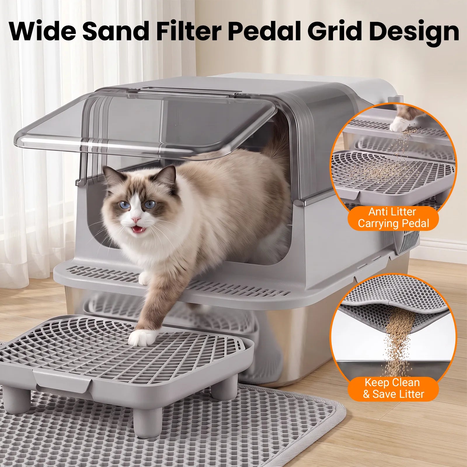 Cat litter box with litter filtering pedal and litter mat