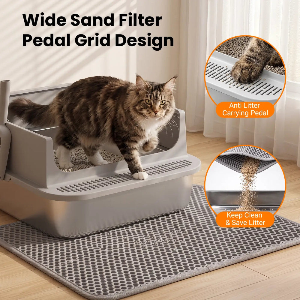 Cat litter box with wide litter filtering step and litter mat