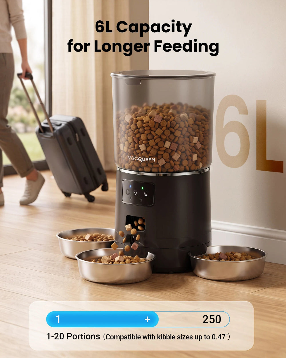 Vacqueen 6L three-bowl automatic cat feeder with camera for multiple cats