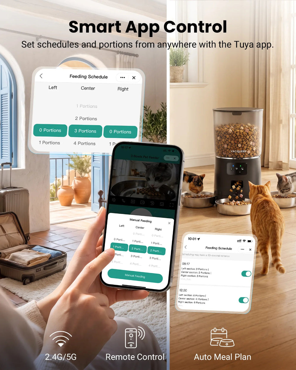 Tuya app controls portions for three Vacqueen feeding bowls