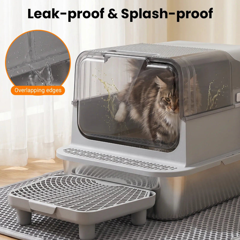 Flip-up enclosed cat litter box for easy scooping and cleaning