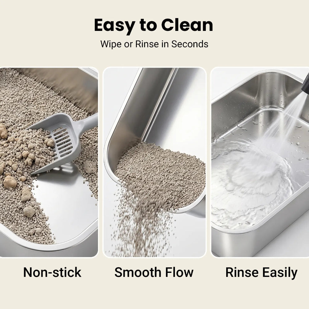 Easy clean stainless steel open cat litter box