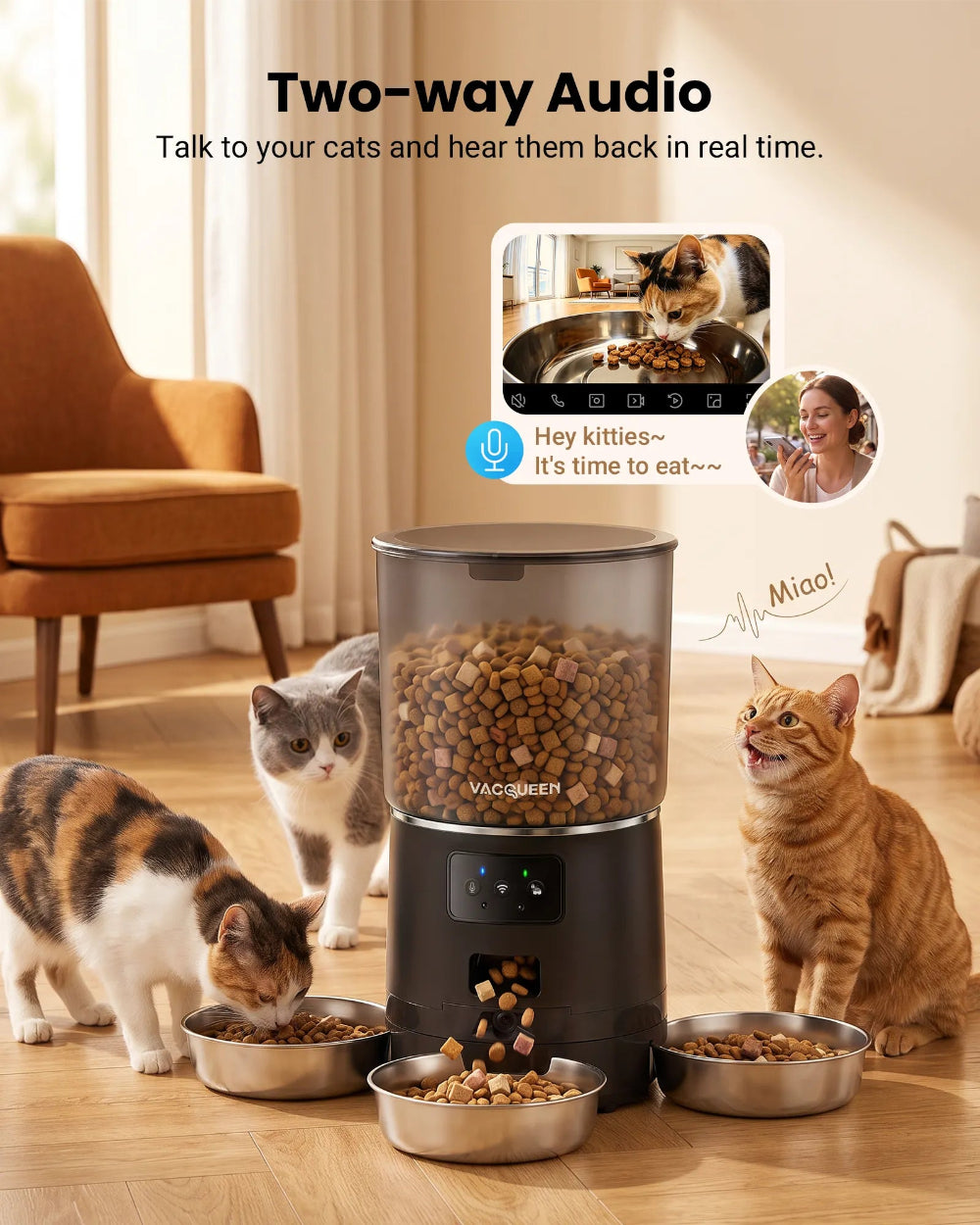 Two-way audio on Vacqueen smart feeder for three cats