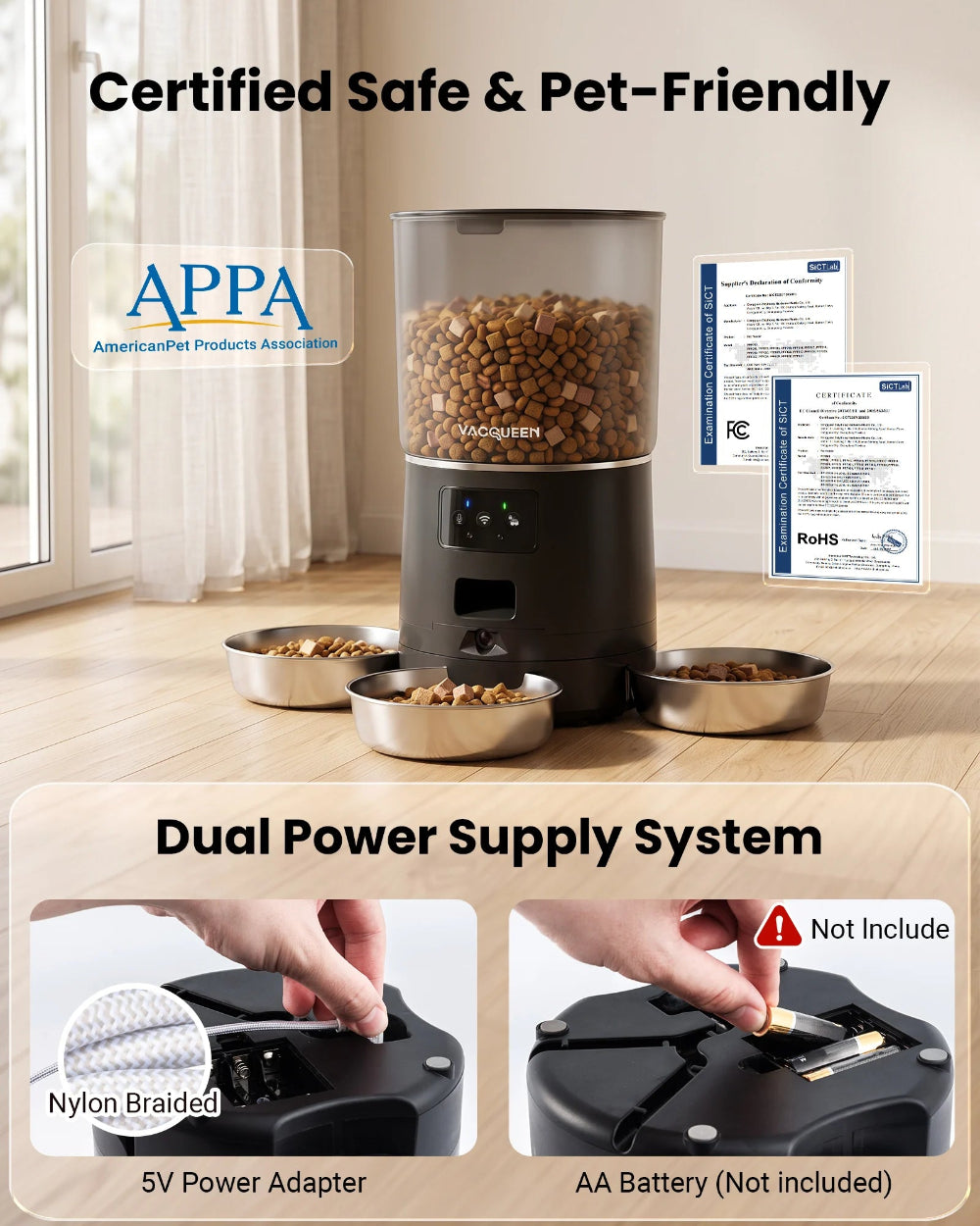 Vacqueen automatic feeder power adapter and backup battery compartment